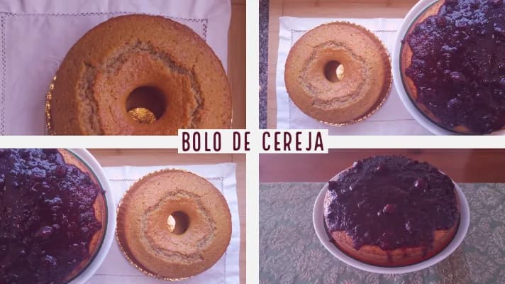 Bolo de cereja caseiro acabado de sair do forno, coberto com um doce de framboesa brilhante e apetitoso.