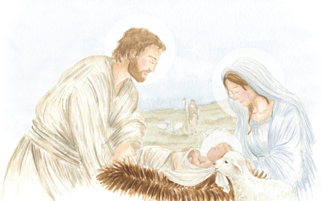Ilustração em aguarela da Sagrada Família (Maria, José e o Menino Jesus na manjedoura) com um pequeno cordeiro e pastores ao fundo sob a estrela de Belém.