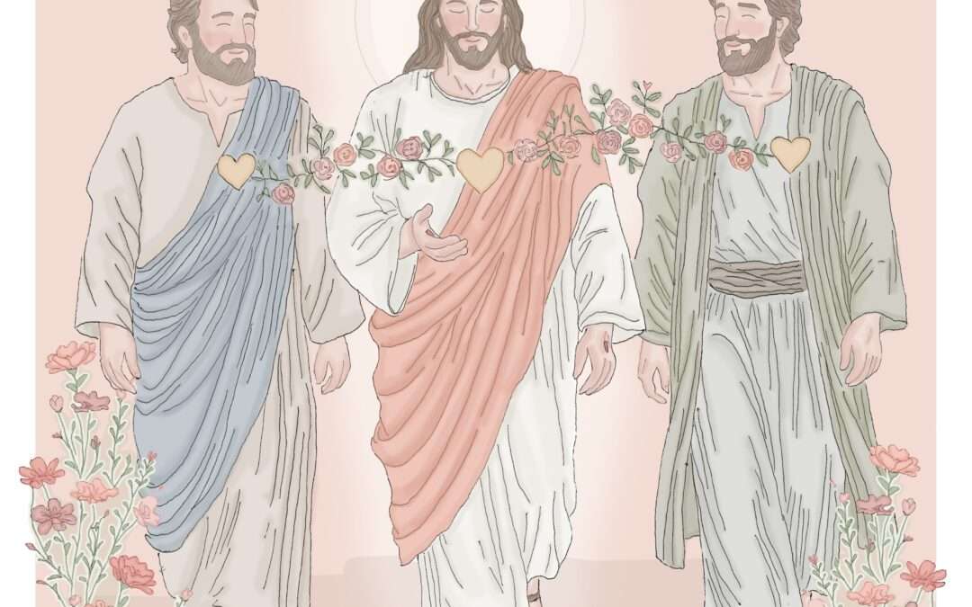 Ilustração de Jesus Cristo ressuscitado a caminhar com dois discípulos, rodeados por flores e corações em tons pastéis.