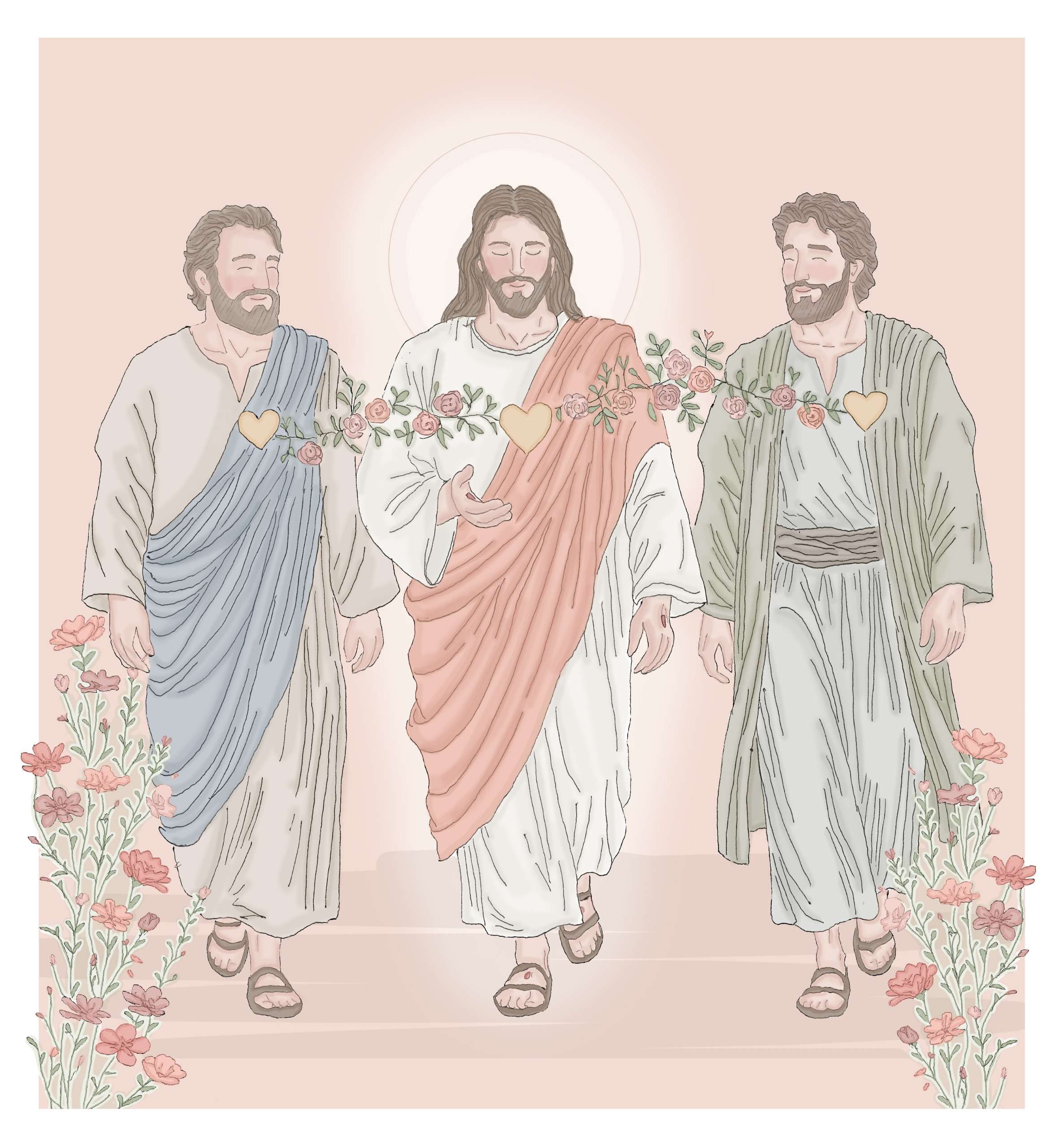 Ilustração de Jesus Cristo ressuscitado a caminhar com dois discípulos, rodeados por flores e corações em tons pastéis.